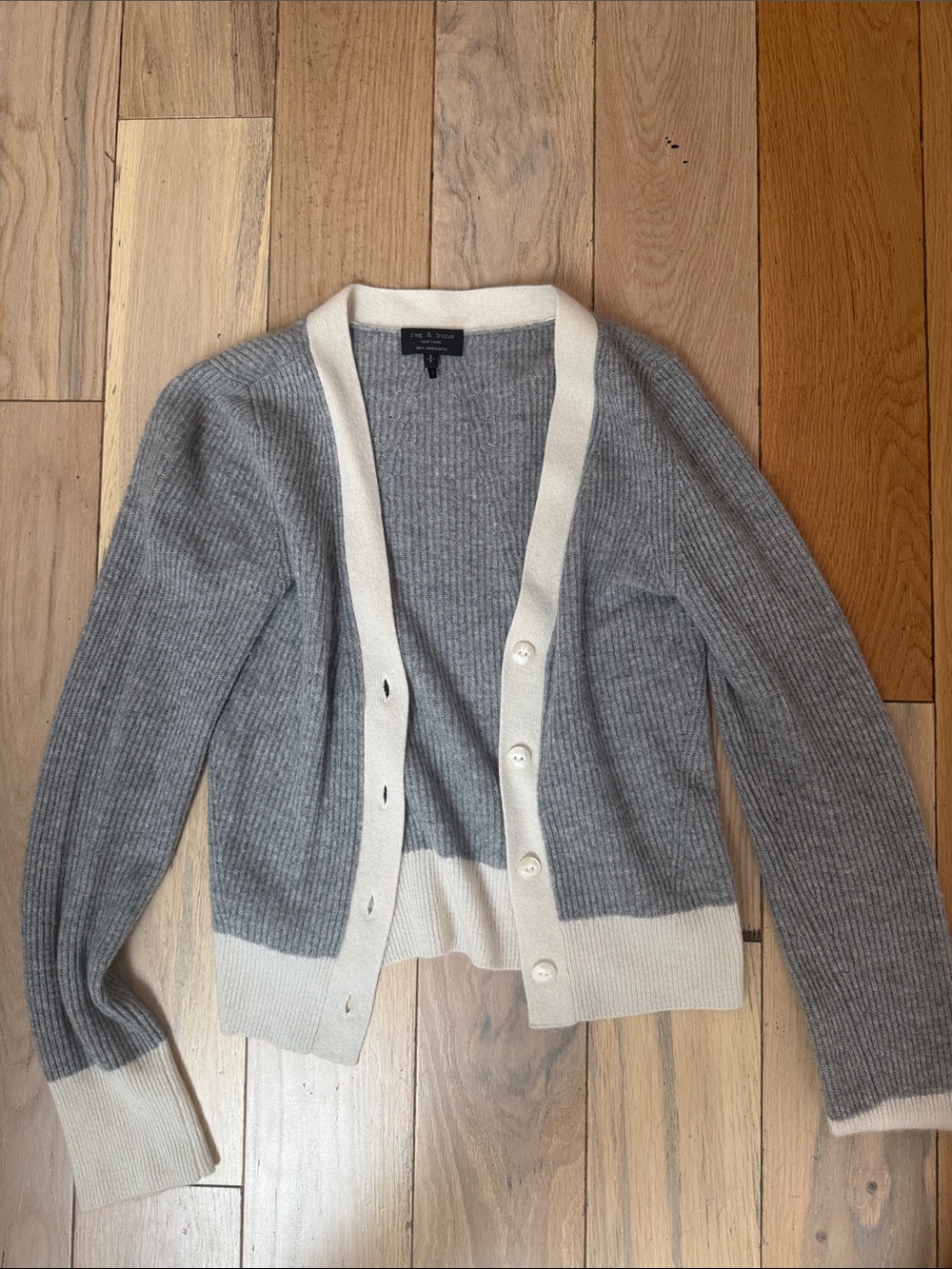 rag & bone Gray and Cream Rib-Trim Wool Cardigan